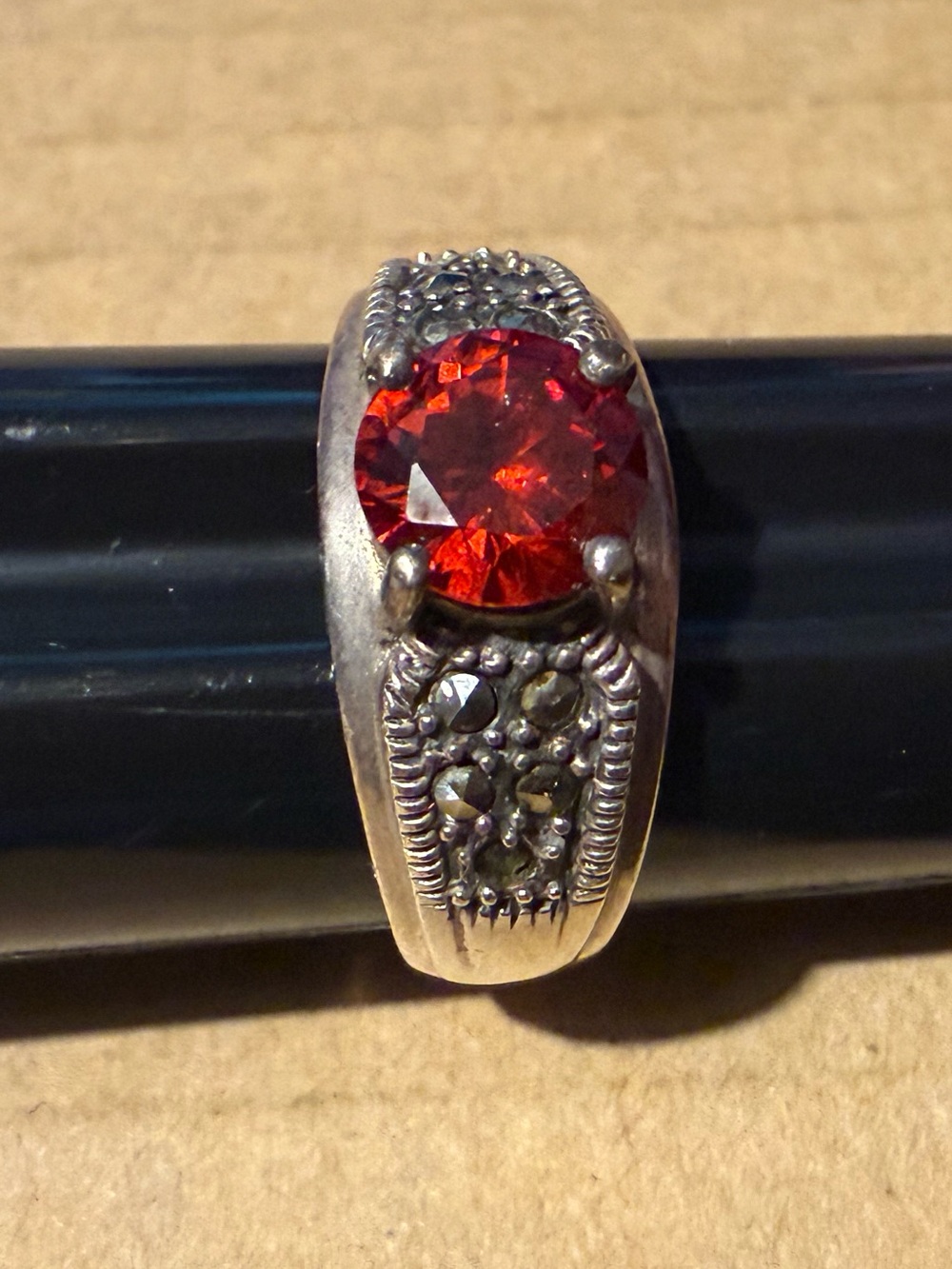 WS 925 Sterling Ring with Fiery Red Center Stone and Marcasite